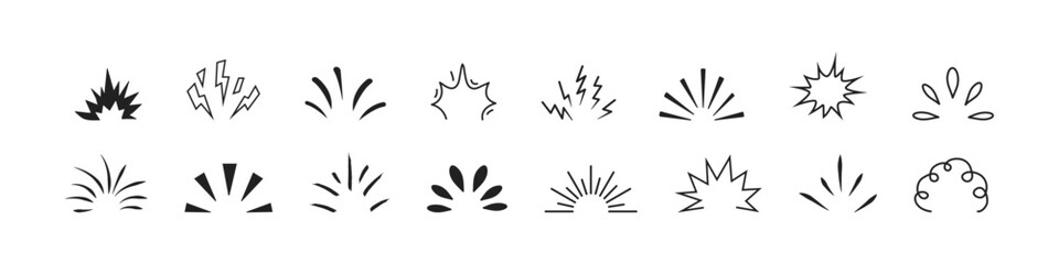 Doodle hand drawn explosion set. Hand drawn bursts, rays, fireworks and  explosion. Vector line illustration.