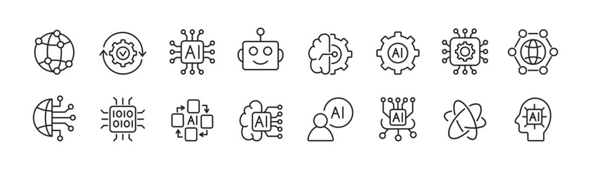 Artificial intelligence line icons. Set of AI technology icons for app and web. Vector.