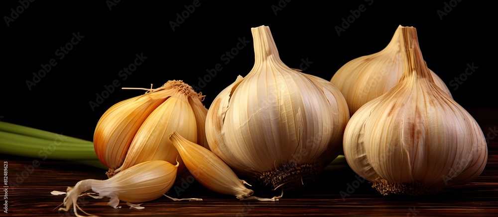 Poster a dark background highlights the vibrant aroma of fresh garlic leaving ample room for additional tex
