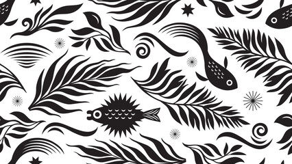 black and white seamless pattern depicting abstract fishes and water plants