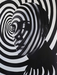 Noir-themed abstract artwork in a dynamic op-art style.