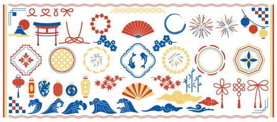 Japan summer icon. Frame element, fireworks, ribbon. Background Obon, headline. Cute borders, goldfish, water waves and clouds, lantern silhouette, material, maple. Vector illustration garish set © Natalia