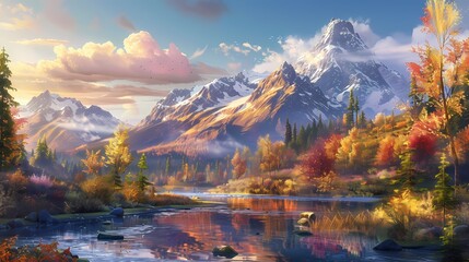 A majestic mountain range bathed in the golden light of autumn, with a winding river below reflecting the colorful foliage, creating a scene of breathtaking beauty