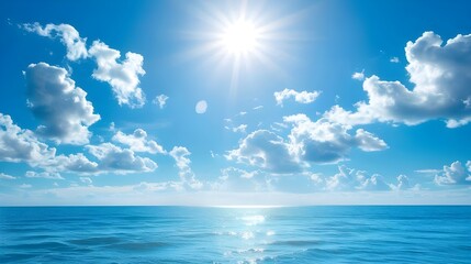 Obraz premium Travel destination, view on sandy beach, sun, sky, white clouds, beautiful landscape, summer holidays, vacation, travel