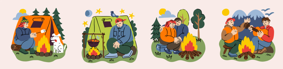 Summer camping. Adventure travel. Tent and bonfire. People relaxing by fire. Tourists cooking on campfires. Wild forest scout campsite. Food in nature. Outdoor vacation. Travelers camps vector set