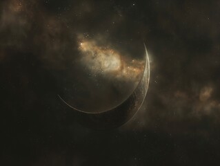 An evocative image of a crescent moon juxtaposed with the infinite beauty of a star-filled cosmos, invoking mystery and splendor.