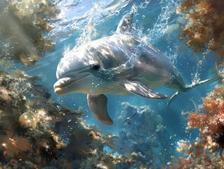 Fototapeta premium A dolphin swims gracefully through a kelp forest. The dolphin is a symbol of beauty, grace, and intelligence.
