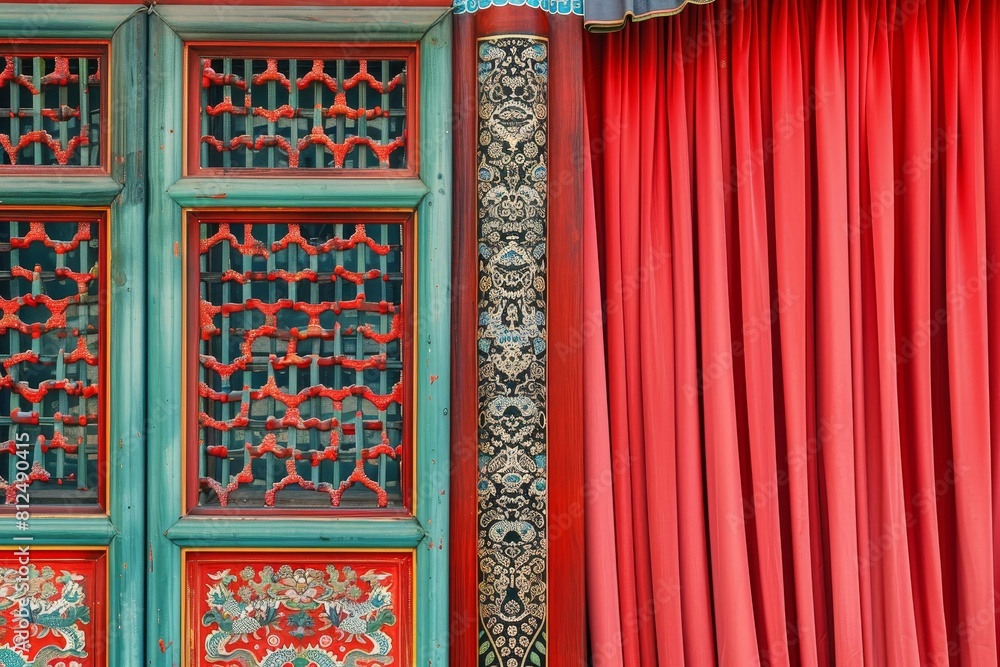 Poster a red building with a window that has a pattern of flowers on it