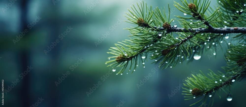 Aufkleber a pine tree with dew covered leaves and small cones on its branches creates an abstract nature backg