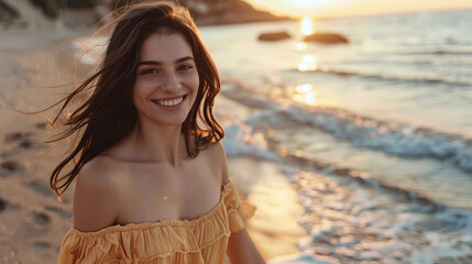 Young beautiful smiling woman in a dress on the seashore