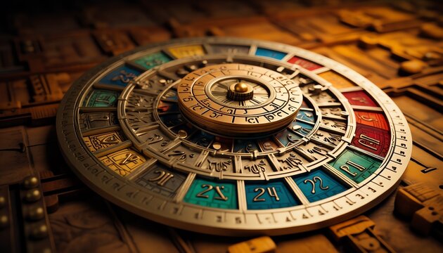 Cipher  A scene depicting an ancient cipher wheel used in code breaking, side view, historical encryption device, technology tone, Triadic Color Scheme