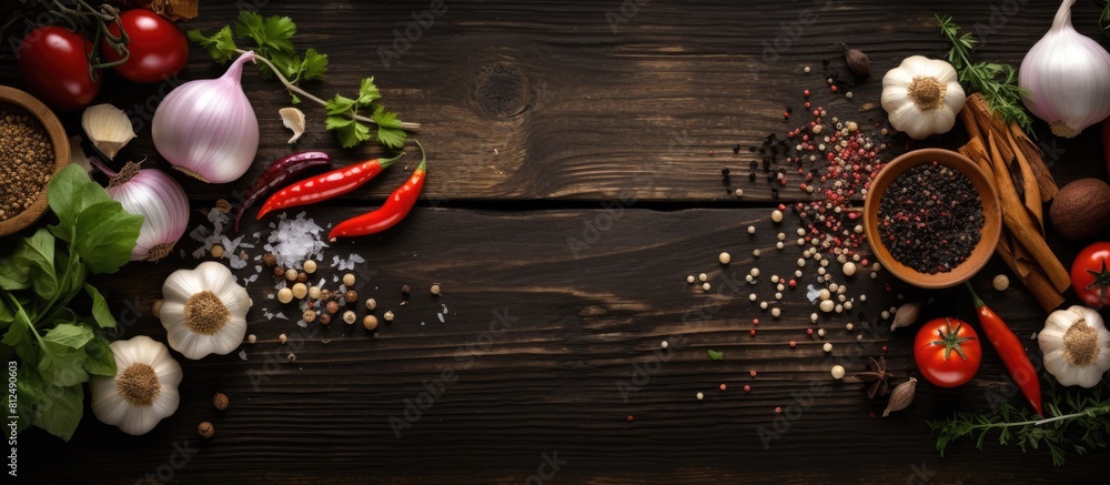 Poster a top down view of a dark wooden background featuring a variety of ingredients like pepper garlic ba