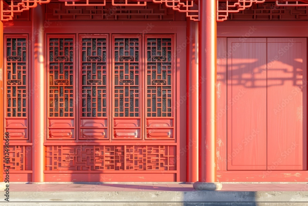 Poster a red building with a window that has a pattern of flowers on it
