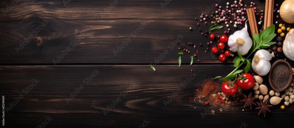 Poster a top down view of a dark wooden background featuring a variety of ingredients like pepper garlic ba