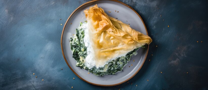 A top down view of a slice of Greek spanakopita a delicious vegetarian or vegan spinach pie made with fillo pastry set against a concrete background This image provides copy space for text or other e
