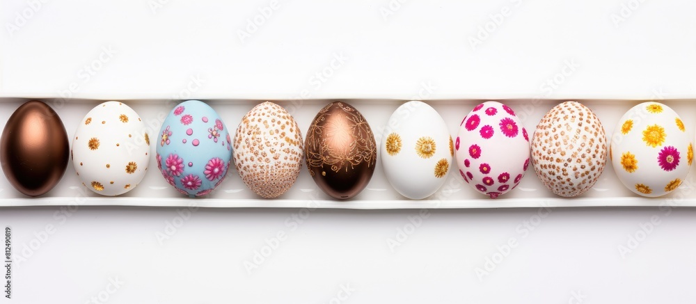 Poster A top down view of a white background with a flat lay arrangement of a colorful Easter frame made of eggs and a large chocolate egg There is empty space available for adding text. Creative banner