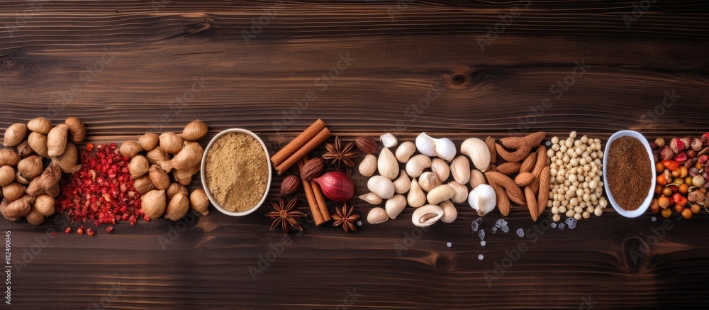 Leinwandbilder A top down view of various spices and nuts arranged on a wooden table with ample empty space available for any accompanying text or captions