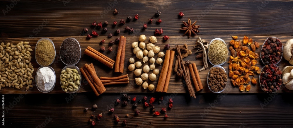 Poster A top down view of various spices and nuts arranged on a wooden table with ample empty space available for any accompanying text or captions