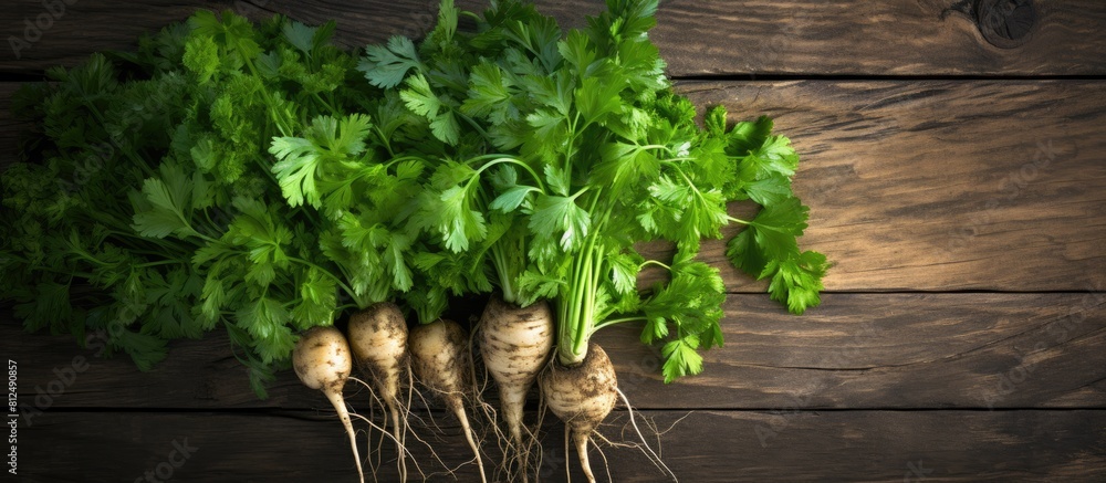 Poster A top down view of root parsley placed on a wooden background with copy space for any additional elements in the image