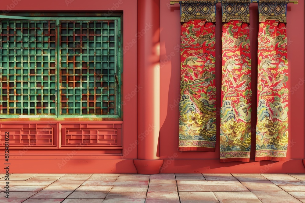 Poster a red building with a window that has a pattern of flowers on it