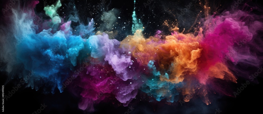 Poster A dynamic artistic display of colorful powder explodes against a black backdrop creating a mesmerizing texture of glitter in this copy space image