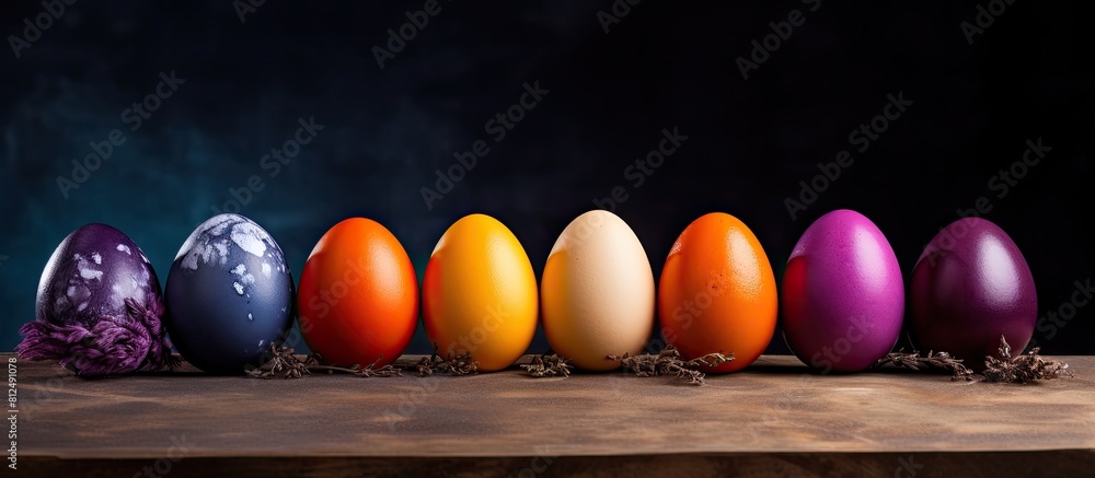 Poster eggs dyed with beets purple cabbage turmeric and coffee create a colorful copy space image