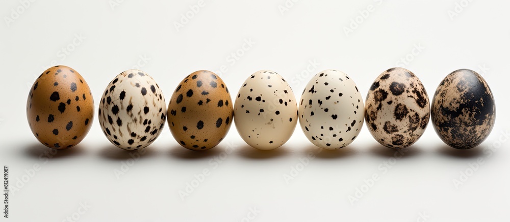 Poster A pack of quail eggs is displayed on a white background creating a visual that emphasizes healthy food. Creative banner. Copyspace image