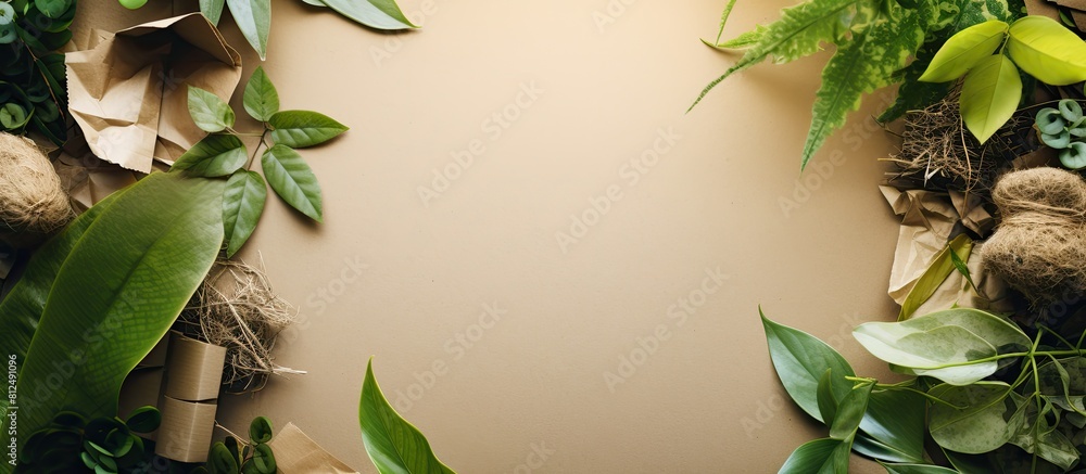 Aufkleber Eco friendly concept shown in a flat lay image of recyclable paper waste emphasizing the importance of environmental care and social responsibility. Creative banner. Copyspace image