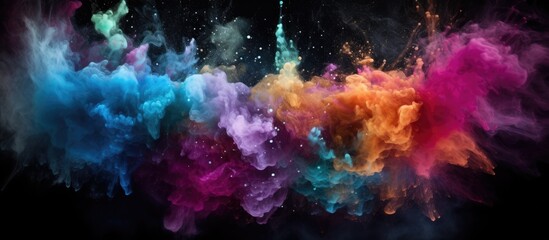 A dynamic artistic display of colorful powder explodes against a black backdrop creating a mesmerizing texture of glitter in this copy space image