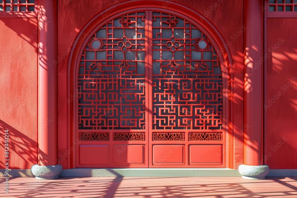 Poster a red building with a window that has a pattern of flowers on it