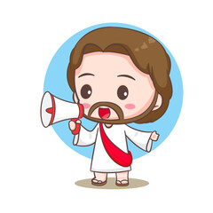 Cute Jesus Christ with megaphone cartoon character. Hand drawn Chibi character, clip art, sticker, isolated white background. Christian Bible for kids. Mascot logo icon vector art illustration