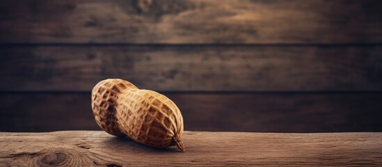 A peanut enclosed in its shell rests on a rustic wooden surface providing ample copy space for an image