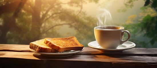 Enjoy a delicious breakfast complete with a steaming cup of coffee and a plate of perfectly toasted bread. Creative banner. Copyspace image