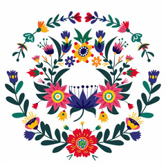 vector illustration of colorful traditional Polish folk ornament with flowers wreath on white background,