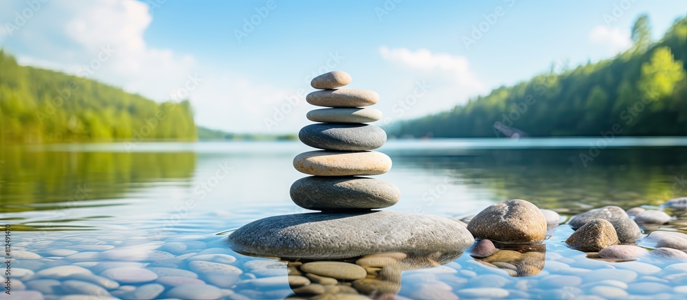 Aufkleber Pebble tower on the river features a stone structure and a blurred background creating a serene and picturesque scene for a copy space image