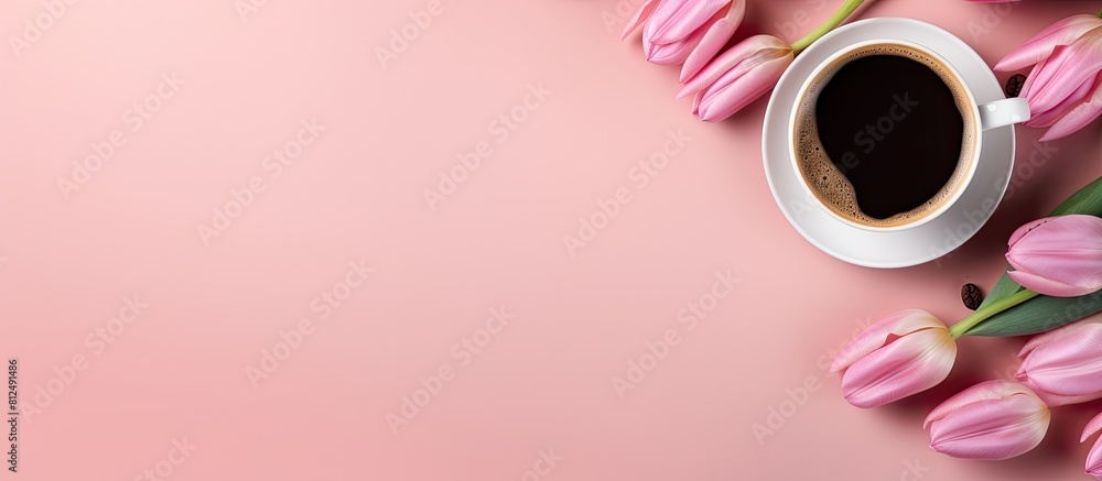 Poster A top view of a pink background featuring a cup of coffee adorned with a tulip creating a visually appealing image with copy space