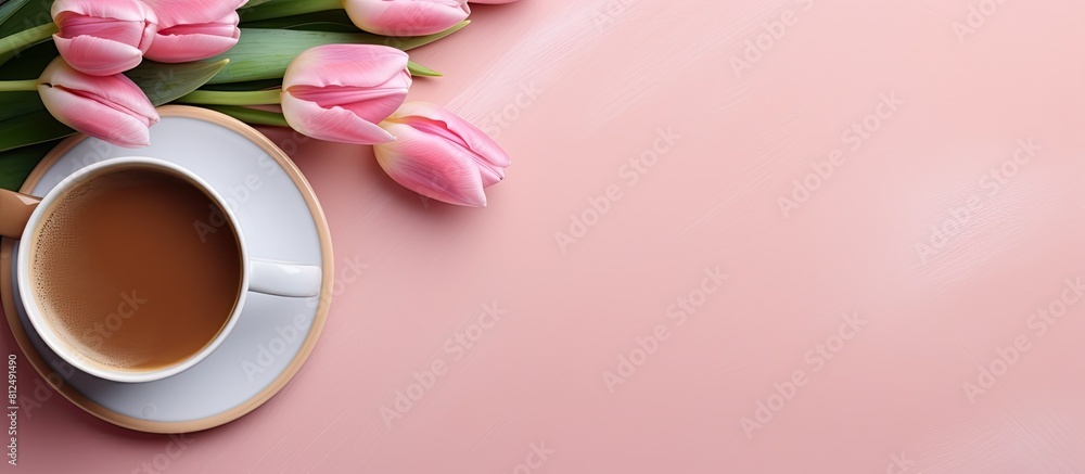 Poster A top view of a pink background featuring a cup of coffee adorned with a tulip creating a visually appealing image with copy space