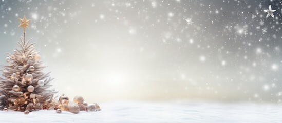 Christmas background featuring a festive Christmas tree adorned with a white star snow and pearls creating a beautiful copy space image