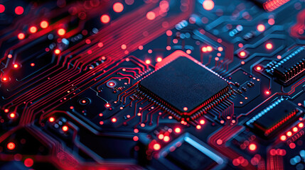 Obraz premium A close up of a computer chip with a red and blue background
