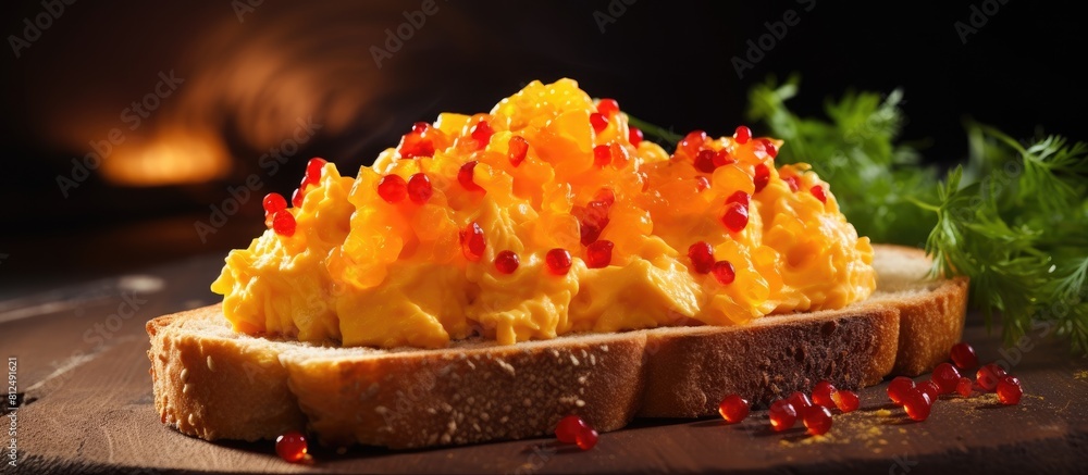 Poster A delicious breakfast featuring scrambled eggs on toast adorned with red caviar all complemented by a copy space image