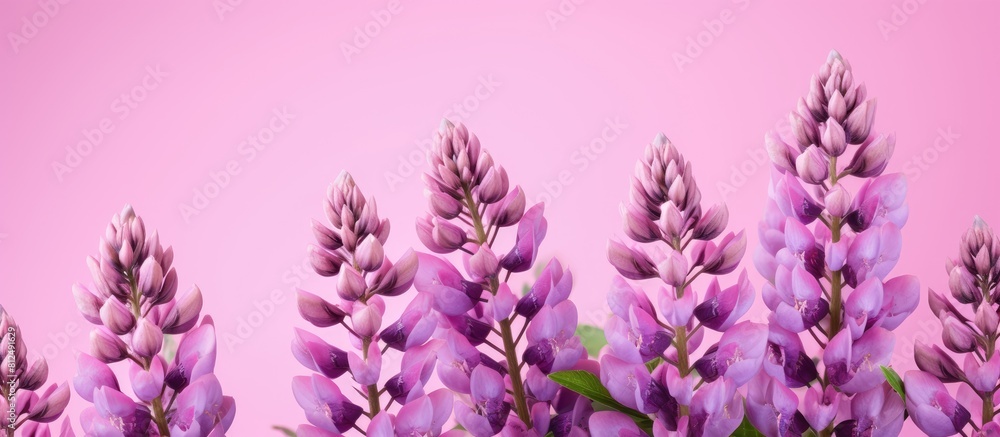 Poster summer banner featuring beautiful purple lupine flowers on a pink background creating a captivating 