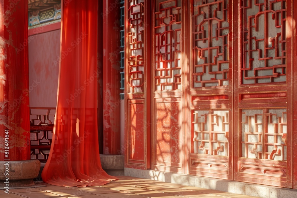 Poster a red building with a window that has a pattern of flowers on it