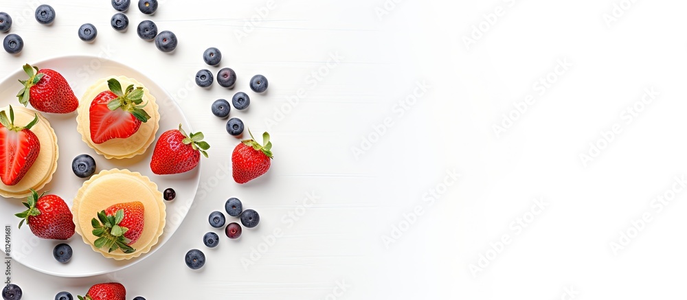 Poster a trendy breakfast featuring tiny homemade pancakes topped with blueberries and strawberries on a wh