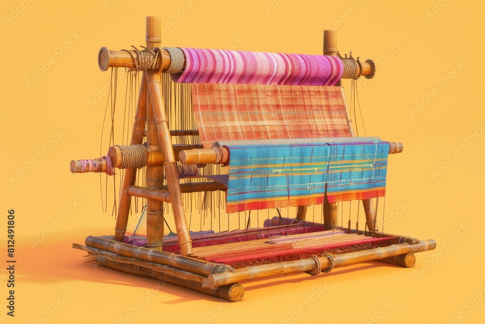 Poster a wooden loom with colorful threads is displayed on a colorful background