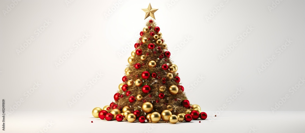 Poster A festive Christmas tree adorned with red and golden ornaments creating a beautiful copy space image against a white background