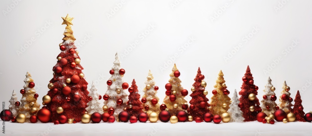 Poster A festive Christmas tree adorned with red and golden ornaments creating a beautiful copy space image against a white background