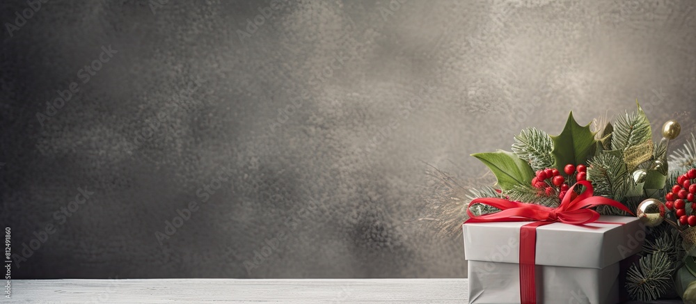Poster A festive and stylish Christmas table arrangement featuring a gift box placed on a textured concrete background creating a visually appealing copy space image