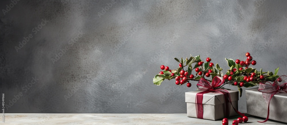 Poster A festive and stylish Christmas table arrangement featuring a gift box placed on a textured concrete background creating a visually appealing copy space image