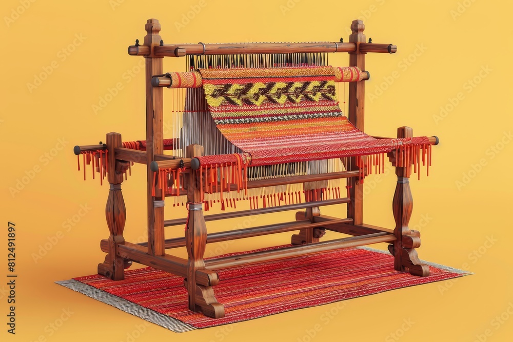 Poster a wooden loom with colorful threads is displayed on a colorful background