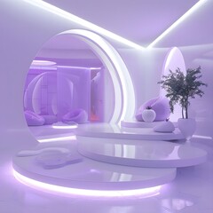 an image of a modern design purple villa living room with minimalism, subtle tones, and round shapes